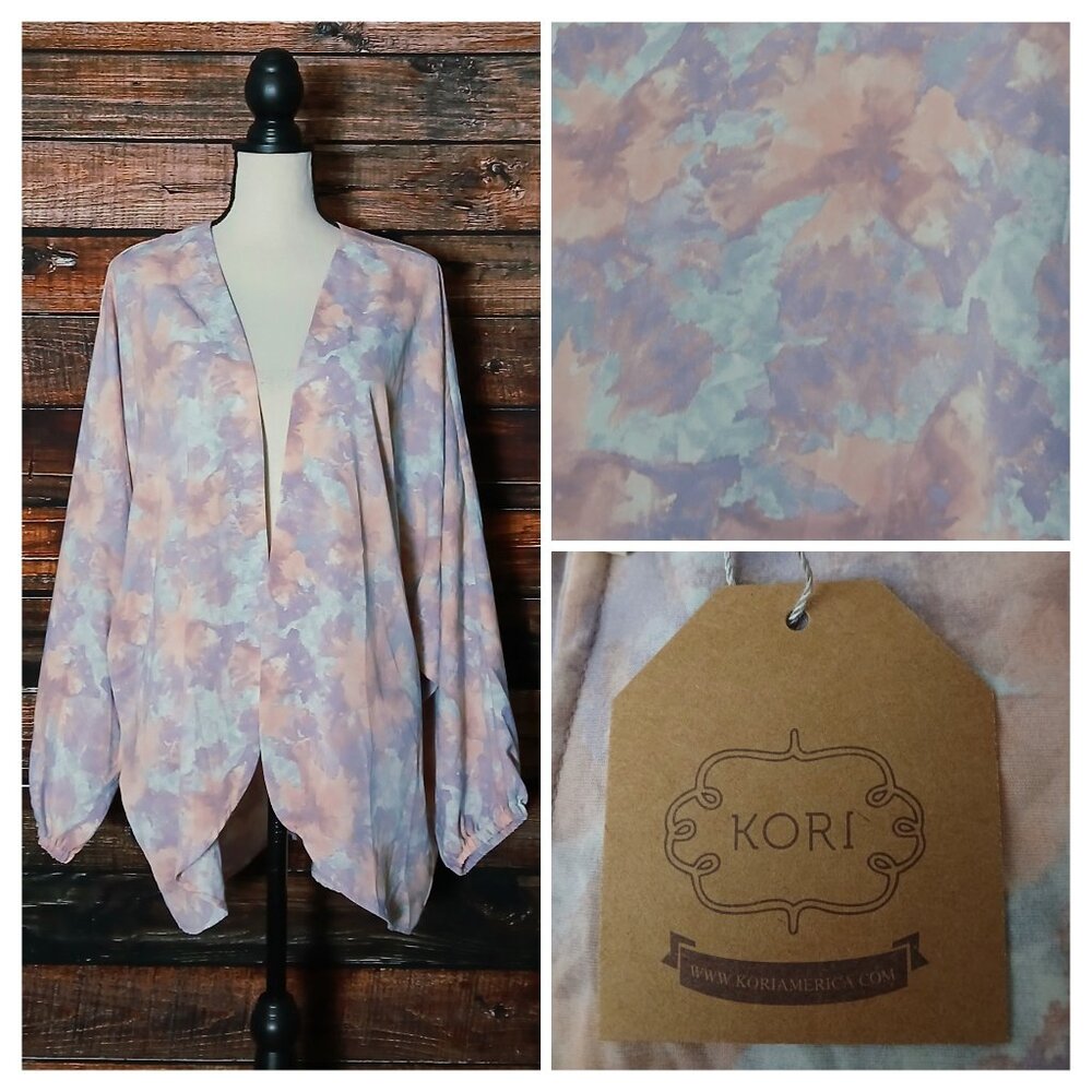 NWT Kori America Top M Oversized Open Kimono Cardigan Pastel Watercolor Floral